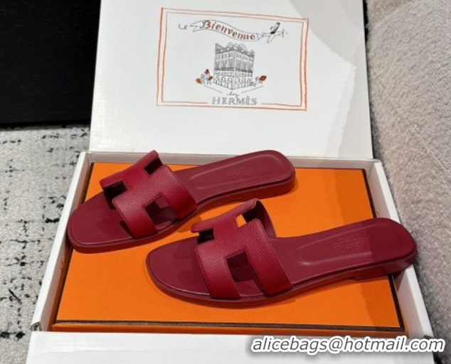 Good Quality Hermes Classic Oran Flat Slides Sandal in Palm-Grained Leather Dark Burgundy 0606159
