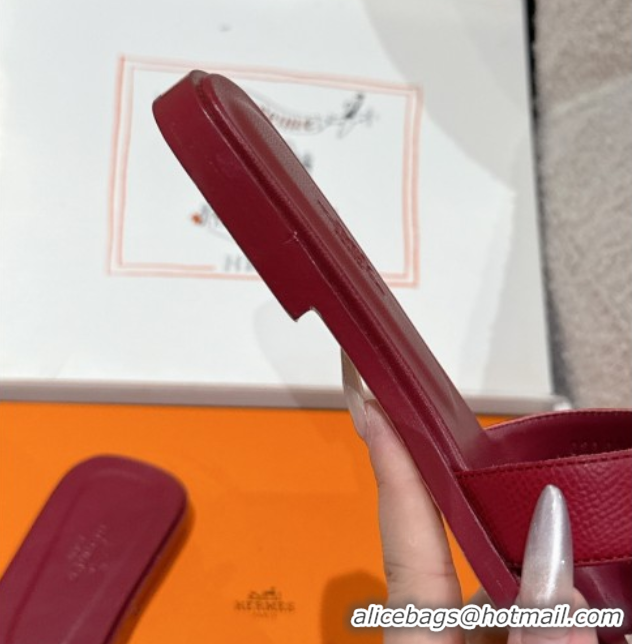 Good Quality Hermes Classic Oran Flat Slides Sandal in Palm-Grained Leather Dark Burgundy 0606159