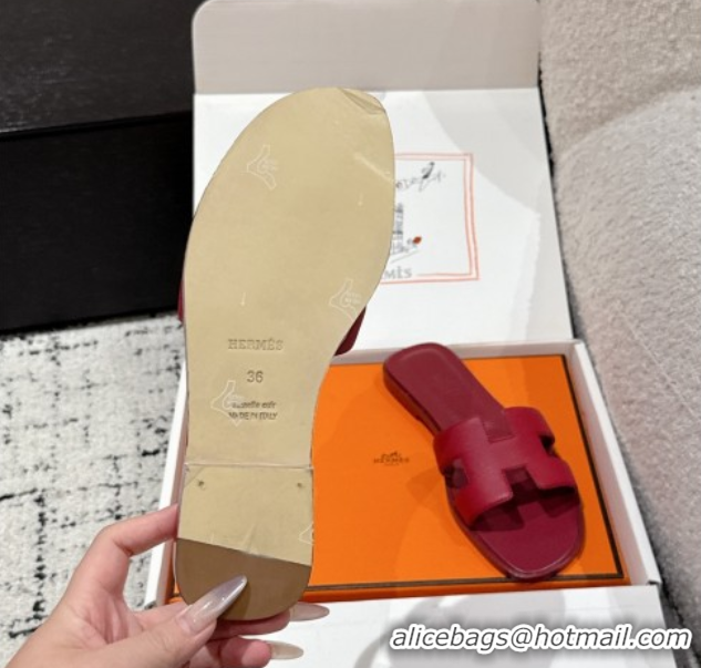 Good Quality Hermes Classic Oran Flat Slides Sandal in Palm-Grained Leather Dark Burgundy 0606159