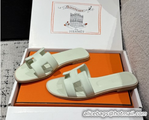 Pretty Style Hermes Classic Oran Flat Slides Sandal in Palm-Grained Leather Green 0606157
