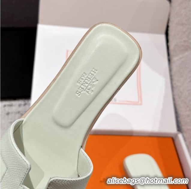 Pretty Style Hermes Classic Oran Flat Slides Sandal in Palm-Grained Leather Green 0606157