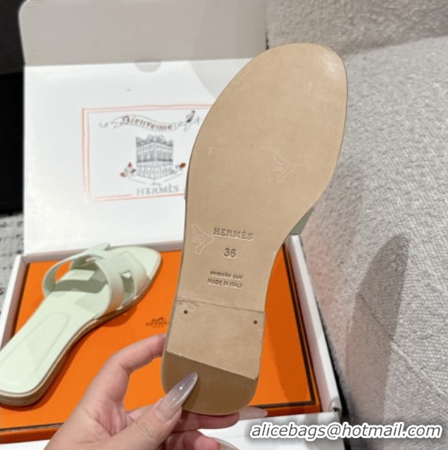 Pretty Style Hermes Classic Oran Flat Slides Sandal in Palm-Grained Leather Green 0606157