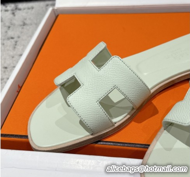 Pretty Style Hermes Classic Oran Flat Slides Sandal in Palm-Grained Leather Green 0606157