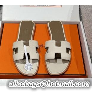 Best Product Hermes Classic Oran Flat Slides Sandal in Palm-Grained Leather White 0606161