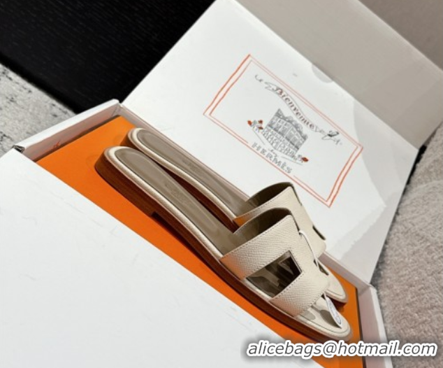 Best Product Hermes Classic Oran Flat Slides Sandal in Palm-Grained Leather White 0606161