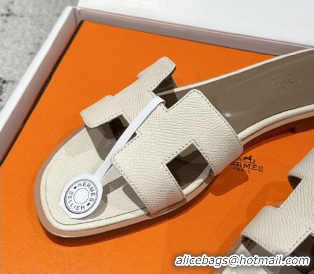 Best Product Hermes Classic Oran Flat Slides Sandal in Palm-Grained Leather White 0606161