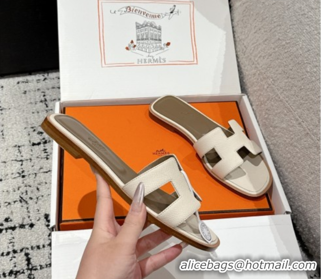 Best Product Hermes Classic Oran Flat Slides Sandal in Palm-Grained Leather White 0606161