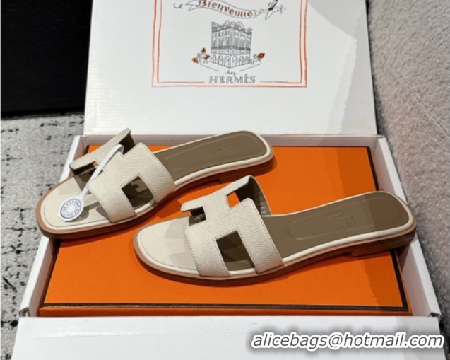 Best Product Hermes Classic Oran Flat Slides Sandal in Palm-Grained Leather White 0606161