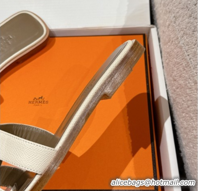Best Product Hermes Classic Oran Flat Slides Sandal in Palm-Grained Leather White 0606161