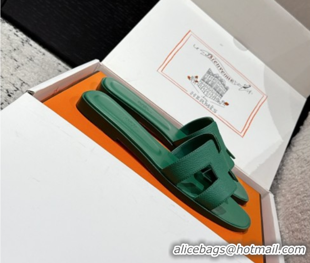 Good Looking Hermes Classic Oran Flat Slides Sandal in Palm-Grained Leather Green 0606163