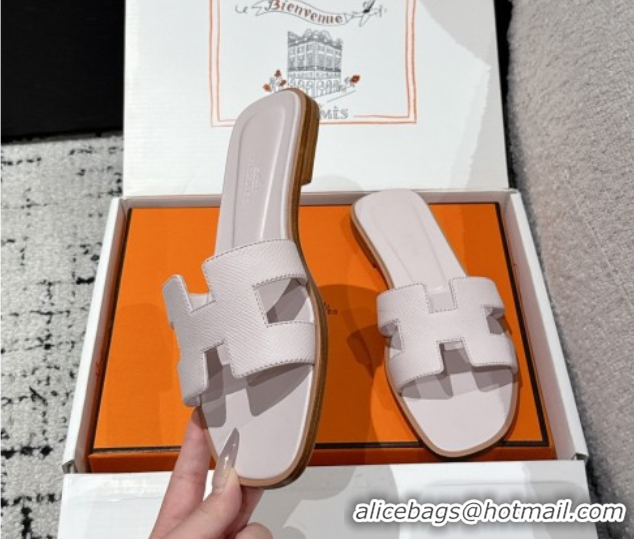 Luxury Hermes Classic Oran Flat Slides Sandal in Palm-Grained Leather Purple 0606165