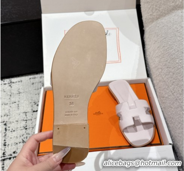 Luxury Hermes Classic Oran Flat Slides Sandal in Palm-Grained Leather Purple 0606165