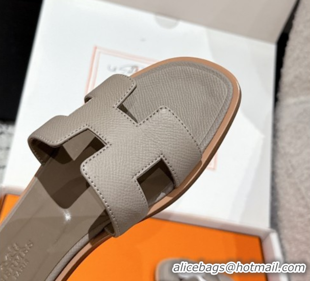 Most Popular Hermes Classic Oran Flat Slides Sandal in Palm-Grained Leather Grey 0606166