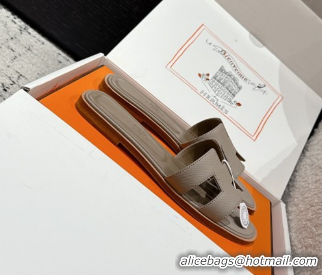 Most Popular Hermes Classic Oran Flat Slides Sandal in Palm-Grained Leather Grey 0606166