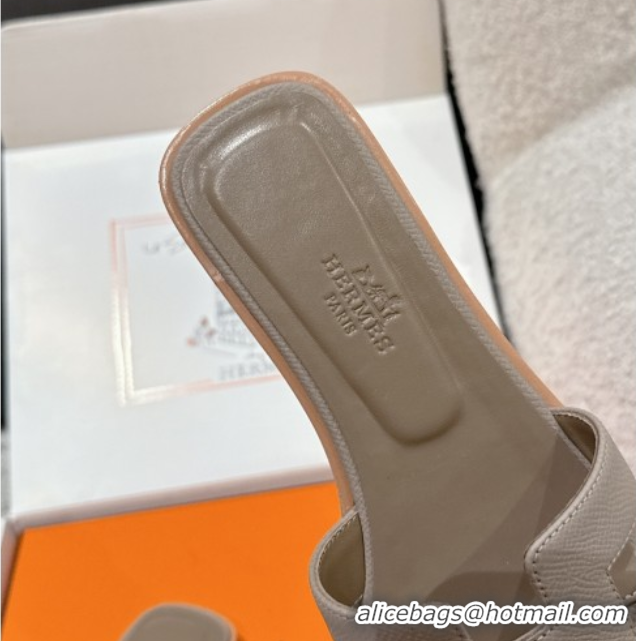 Most Popular Hermes Classic Oran Flat Slides Sandal in Palm-Grained Leather Grey 0606166