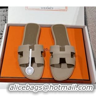 Top Design Hermes Classic Oran Flat Slides Sandal in Palm-Grained Leather Grey 0606167