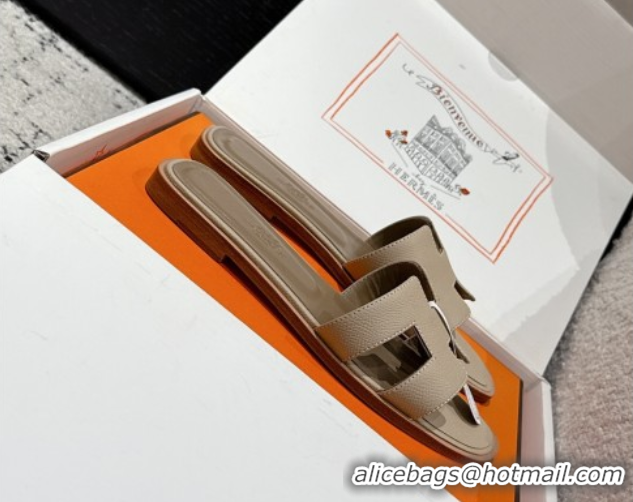 Top Design Hermes Classic Oran Flat Slides Sandal in Palm-Grained Leather Grey 0606167