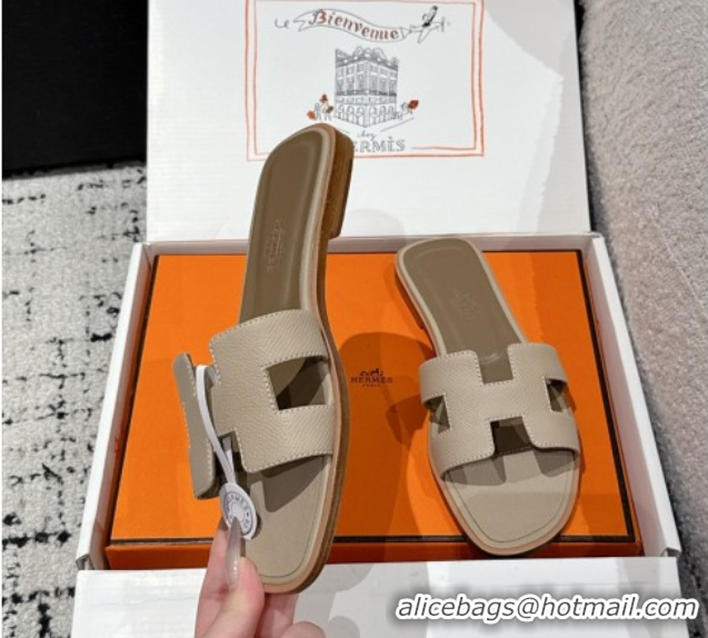 Top Design Hermes Classic Oran Flat Slides Sandal in Palm-Grained Leather Grey 0606167