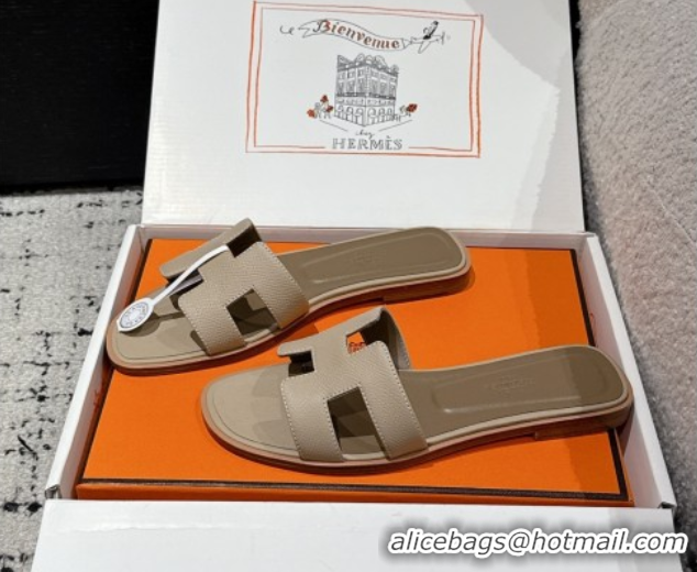Top Design Hermes Classic Oran Flat Slides Sandal in Palm-Grained Leather Grey 0606167