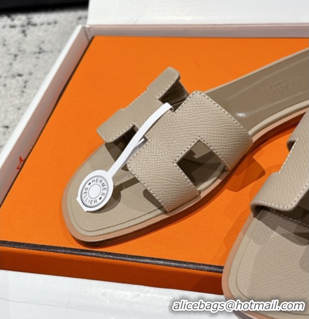 Top Design Hermes Classic Oran Flat Slides Sandal in Palm-Grained Leather Grey 0606167