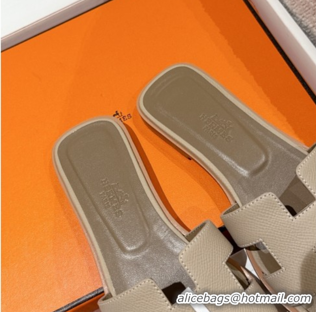 Top Design Hermes Classic Oran Flat Slides Sandal in Palm-Grained Leather Grey 0606167