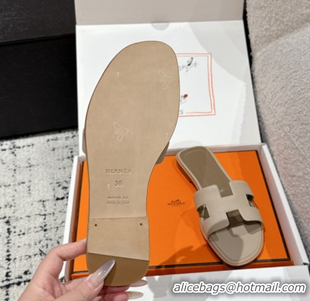 Top Design Hermes Classic Oran Flat Slides Sandal in Palm-Grained Leather Grey 0606167