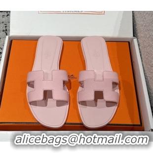 Durable Hermes Classic Oran Flat Slides Sandal in Palm-Grained Leather Pink 0606168