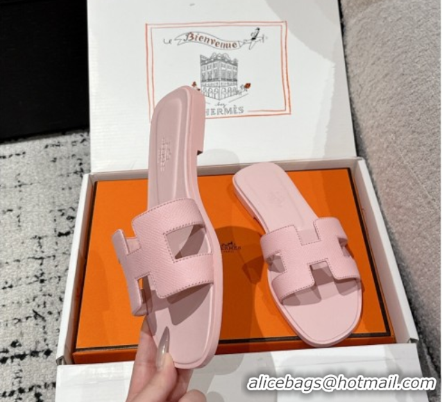 Durable Hermes Classic Oran Flat Slides Sandal in Palm-Grained Leather Pink 0606168