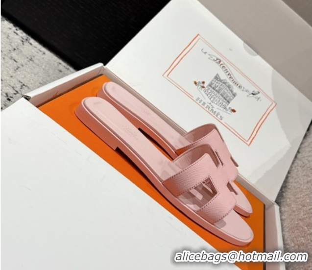 Durable Hermes Classic Oran Flat Slides Sandal in Palm-Grained Leather Pink 0606168