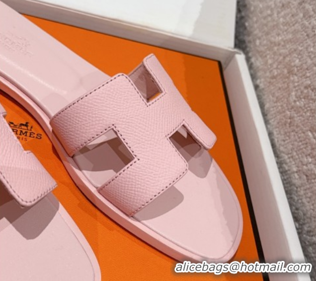 Durable Hermes Classic Oran Flat Slides Sandal in Palm-Grained Leather Pink 0606168