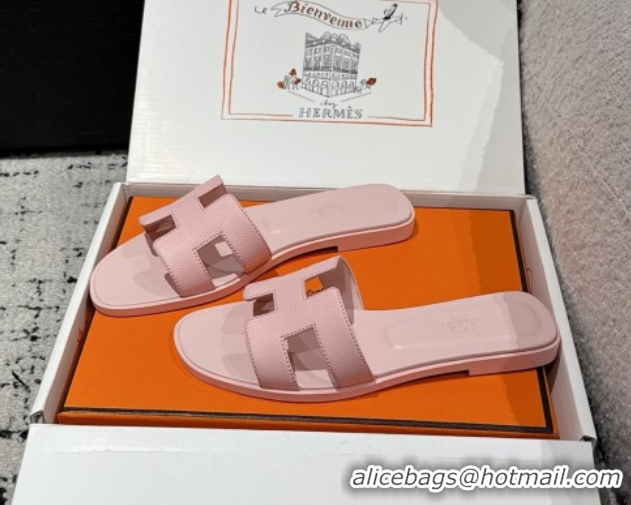 Durable Hermes Classic Oran Flat Slides Sandal in Palm-Grained Leather Pink 0606168