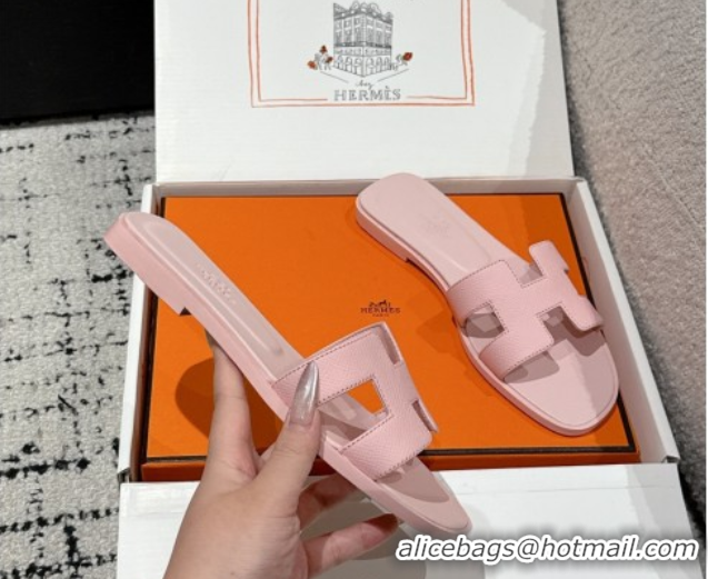 Durable Hermes Classic Oran Flat Slides Sandal in Palm-Grained Leather Pink 0606168