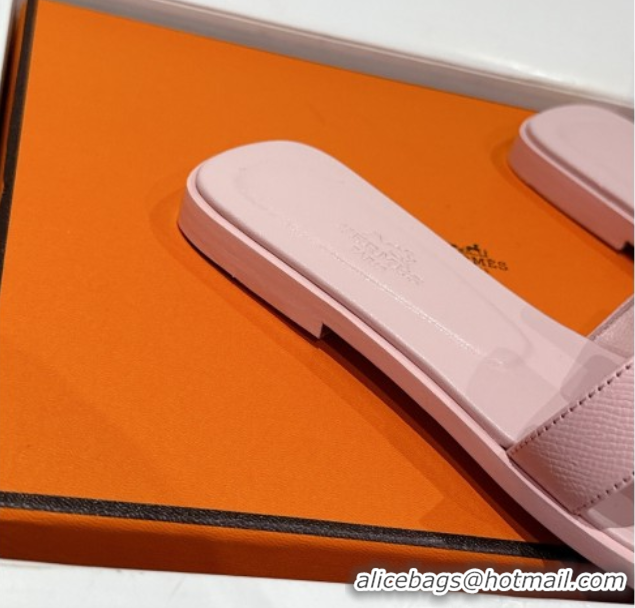 Durable Hermes Classic Oran Flat Slides Sandal in Palm-Grained Leather Pink 0606168