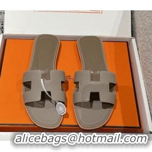 Luxury Cheap Hermes Classic Oran Flat Slides Sandal in Palm-Grained Leather Grey 0606169