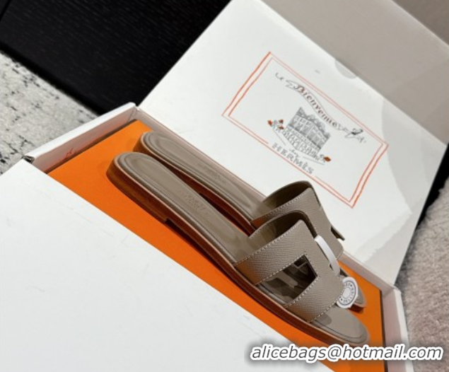 Luxury Cheap Hermes Classic Oran Flat Slides Sandal in Palm-Grained Leather Grey 0606169