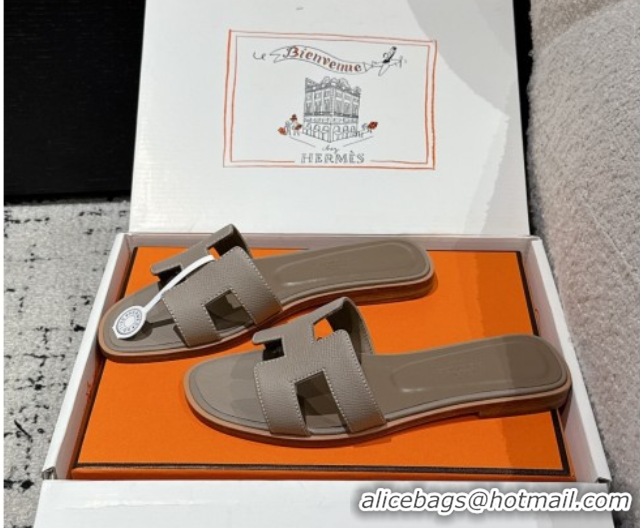 Luxury Cheap Hermes Classic Oran Flat Slides Sandal in Palm-Grained Leather Grey 0606169