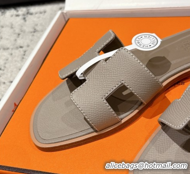 Luxury Cheap Hermes Classic Oran Flat Slides Sandal in Palm-Grained Leather Grey 0606169