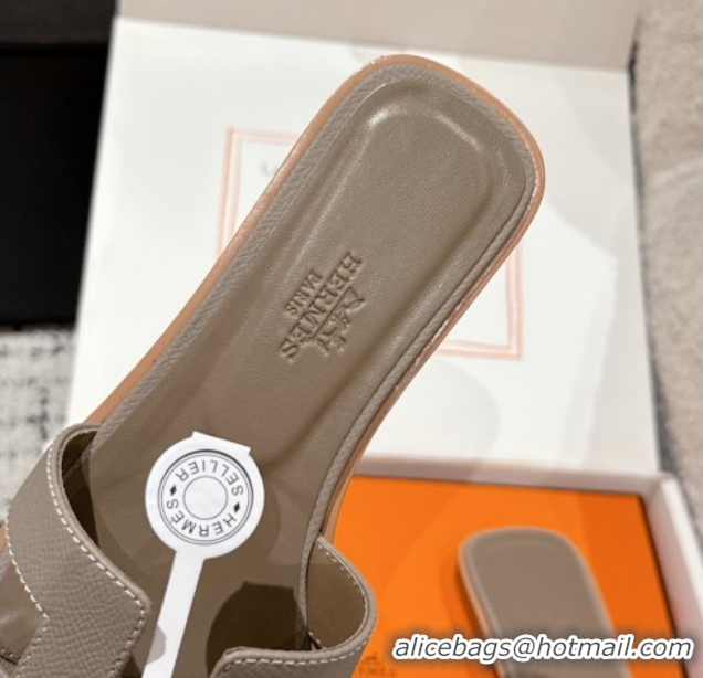 Luxury Cheap Hermes Classic Oran Flat Slides Sandal in Palm-Grained Leather Grey 0606169