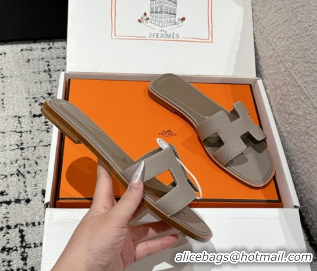 Luxury Cheap Hermes Classic Oran Flat Slides Sandal in Palm-Grained Leather Grey 0606169