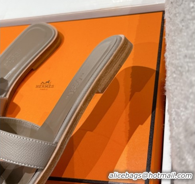 Luxury Cheap Hermes Classic Oran Flat Slides Sandal in Palm-Grained Leather Grey 0606169