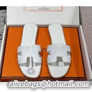Classic Hot Hermes Classic Oran Flat Slides Sandal in Palm-Grained Leather White 0606171