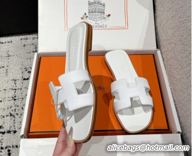 Classic Hot Hermes Classic Oran Flat Slides Sandal in Palm-Grained Leather White 0606171