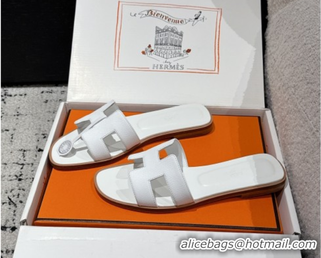 Classic Hot Hermes Classic Oran Flat Slides Sandal in Palm-Grained Leather White 0606171