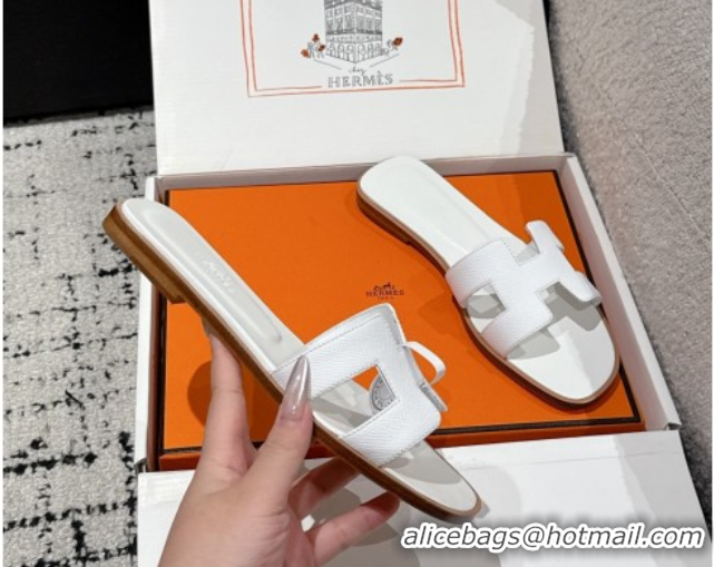 Classic Hot Hermes Classic Oran Flat Slides Sandal in Palm-Grained Leather White 0606171