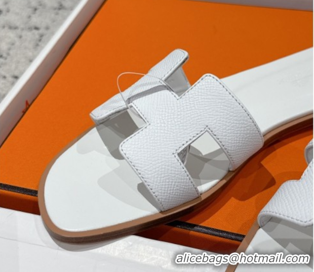 Classic Hot Hermes Classic Oran Flat Slides Sandal in Palm-Grained Leather White 0606171