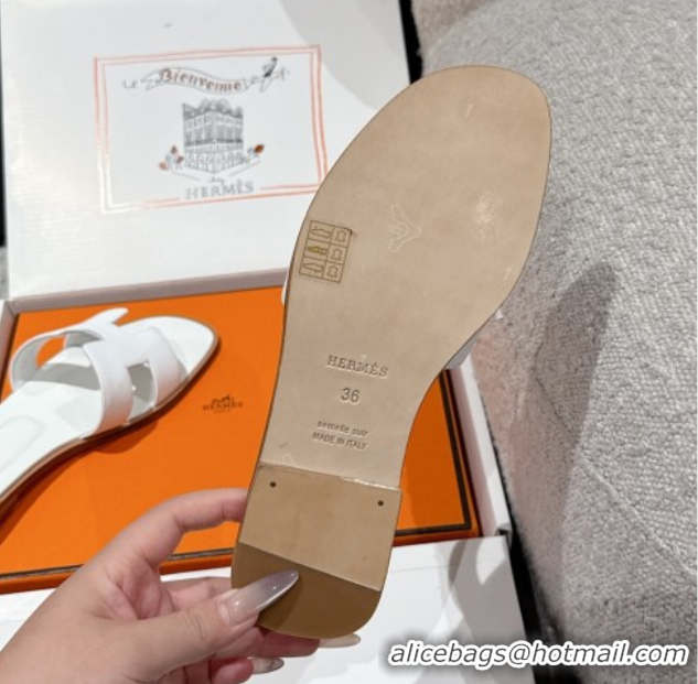 Classic Hot Hermes Classic Oran Flat Slides Sandal in Palm-Grained Leather White 0606171
