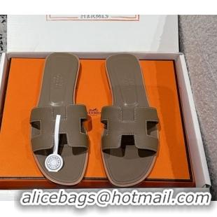 Most Popular Hermes Classic Oran Flat Slides Sandal in Palm-Grained Leather Grey 0606172