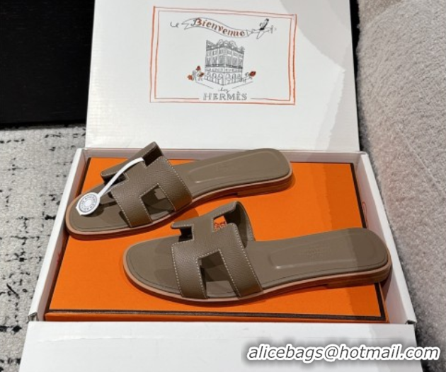 Most Popular Hermes Classic Oran Flat Slides Sandal in Palm-Grained Leather Grey 0606172