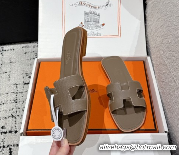 Most Popular Hermes Classic Oran Flat Slides Sandal in Palm-Grained Leather Grey 0606172