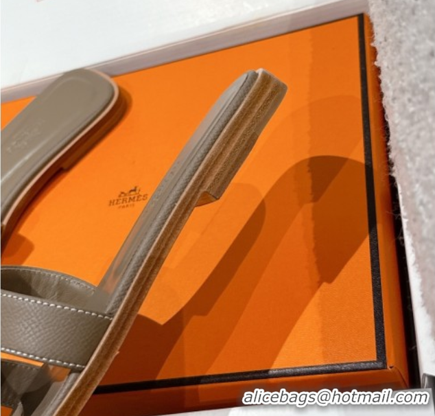 Most Popular Hermes Classic Oran Flat Slides Sandal in Palm-Grained Leather Grey 0606172